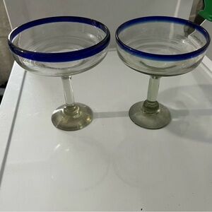 Set of 2 Clear Margarita Coupes with Cobalt Blue Rim